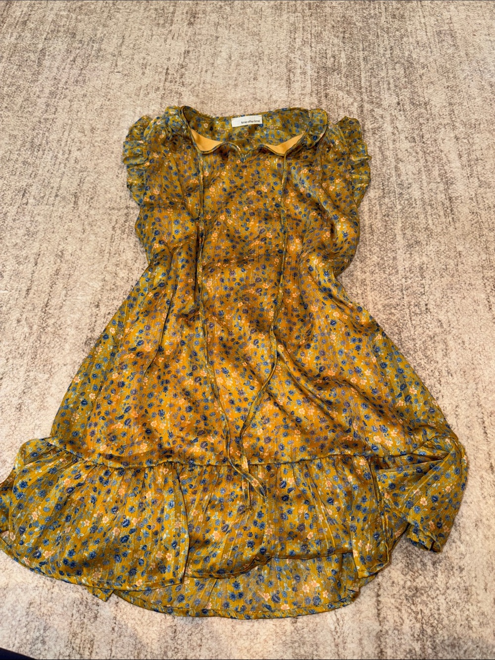 Mustard Yellow Floral Midi Dress with Ruffle Details